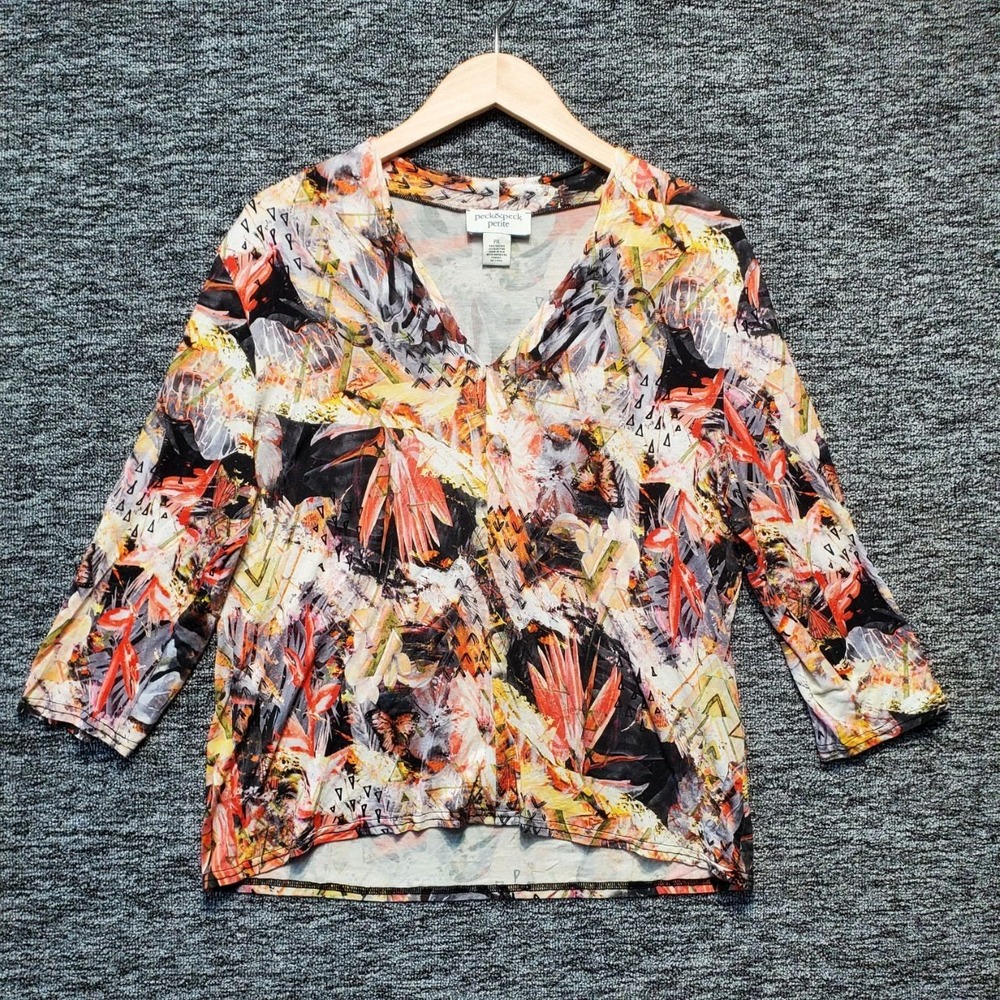 Peck & Peck Tropical Shirt Womens PXL Orange Abstract Artsy Floral Casual Top